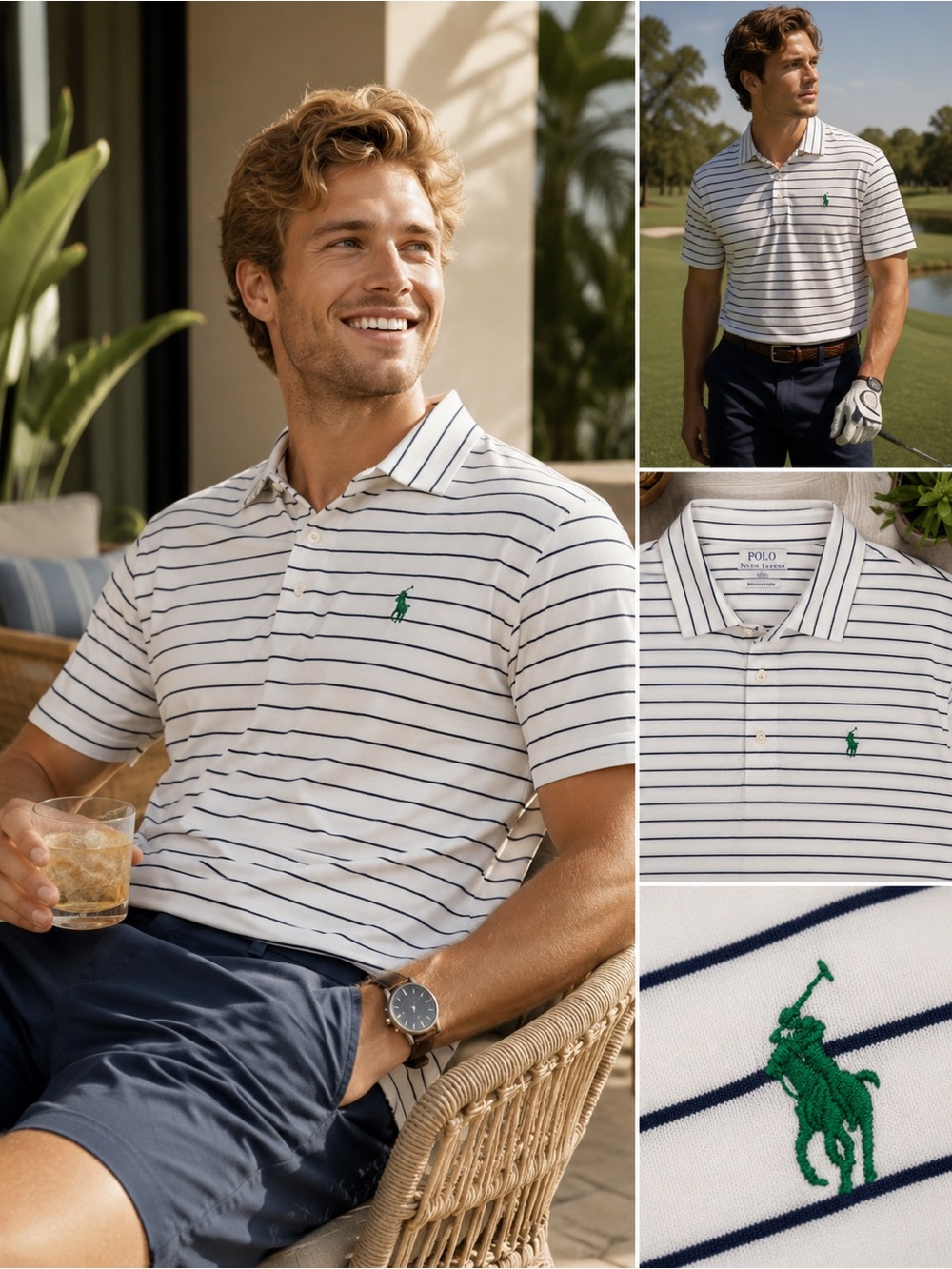 Polo Ralph Lauren Performance Polo Shirt XL White Navy Stripe Golf